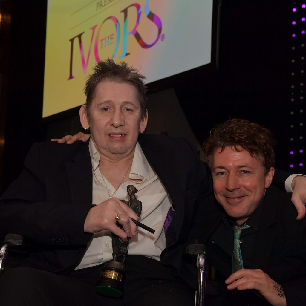Shane with Aiden Gillen on stage at the Ivors – Mark Allan, courtesy of BASCA